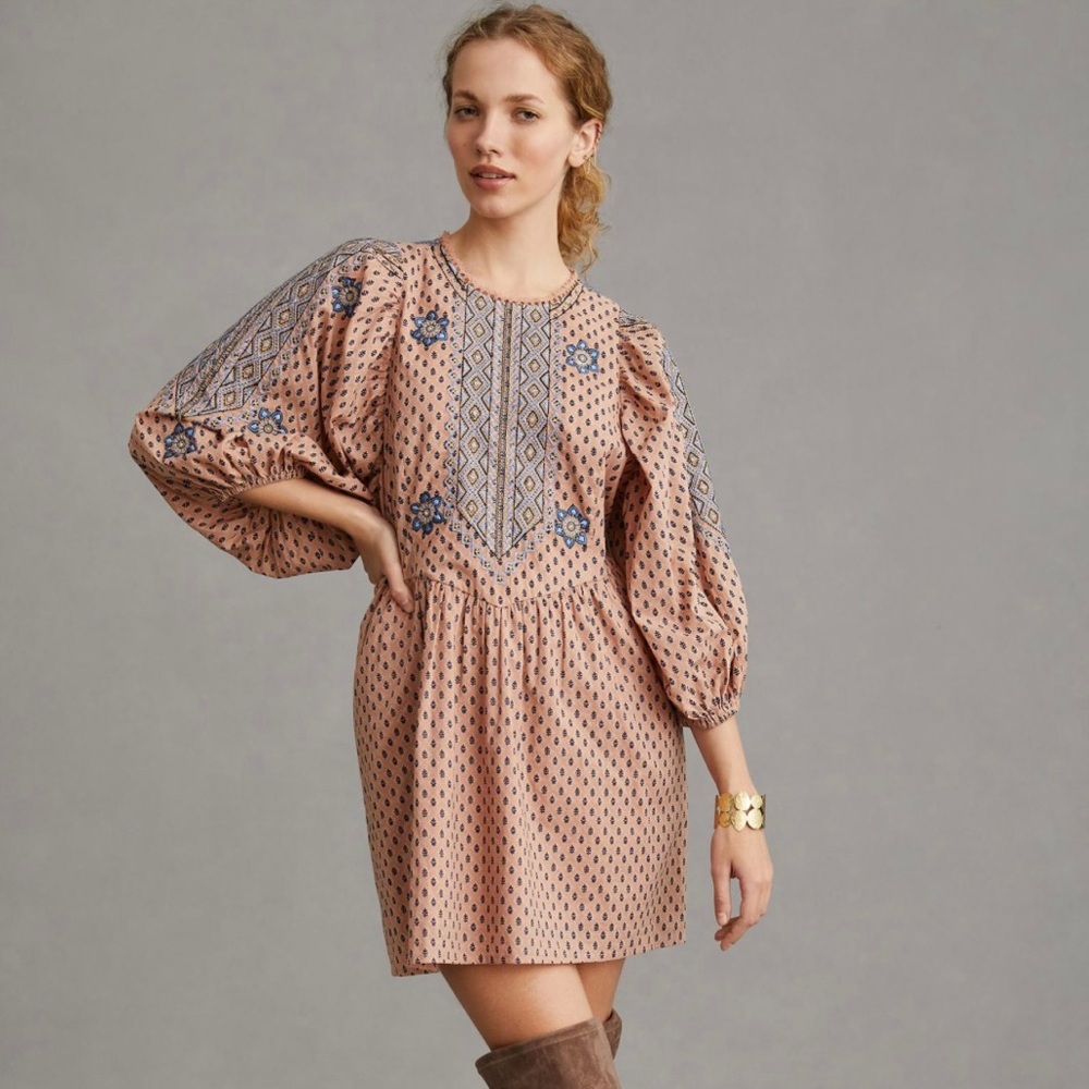Anthropologie Pink Embroidered Puff-Sleeve Mini Dress